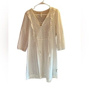 Anthropologie Eyelet Boho Peasant Dress/White Crochet/Tassle Tie/Suze US 12